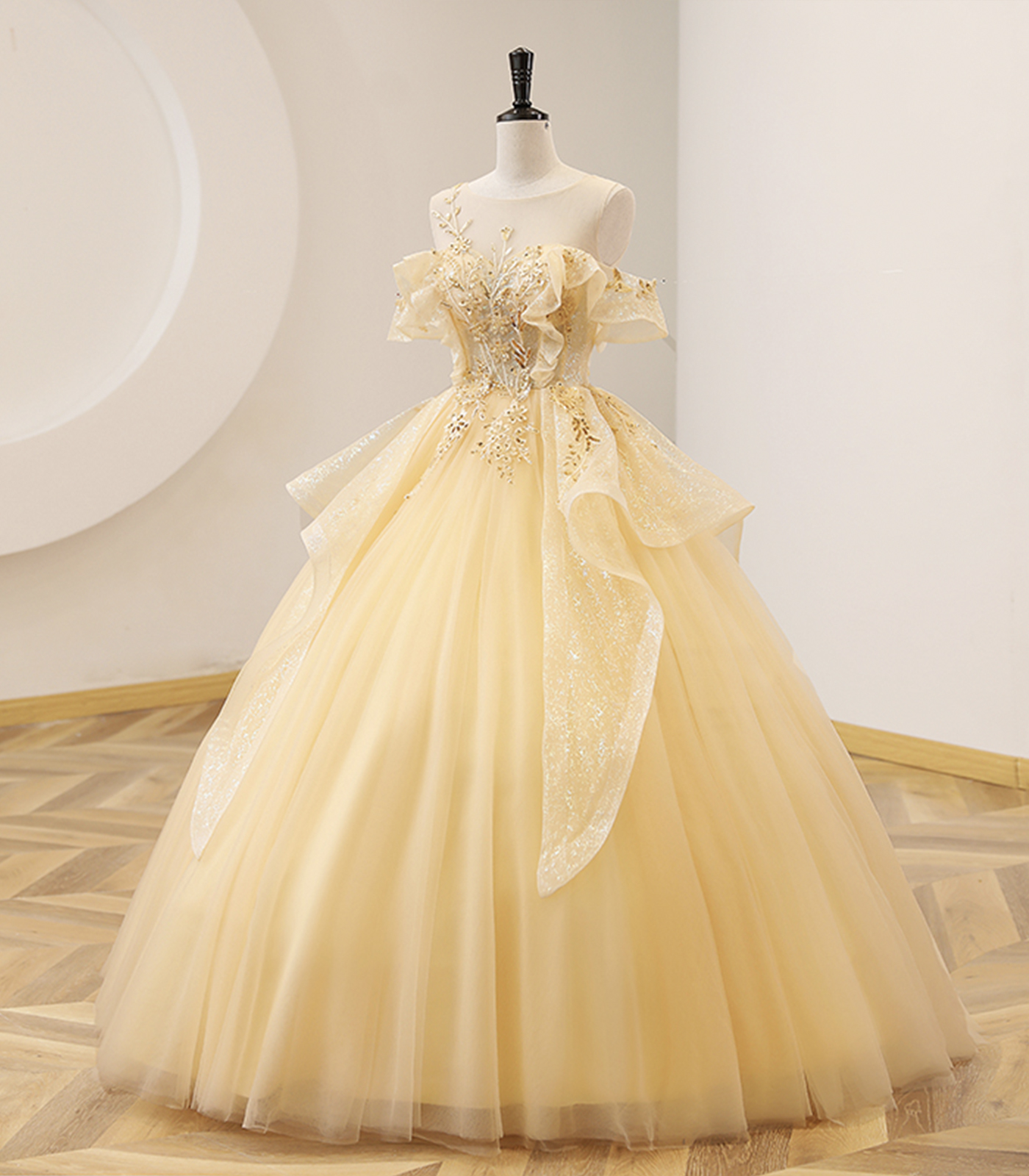 Yellow Tulle Lace Long Prom Dress, A-Line Backless Graduation Party Dr